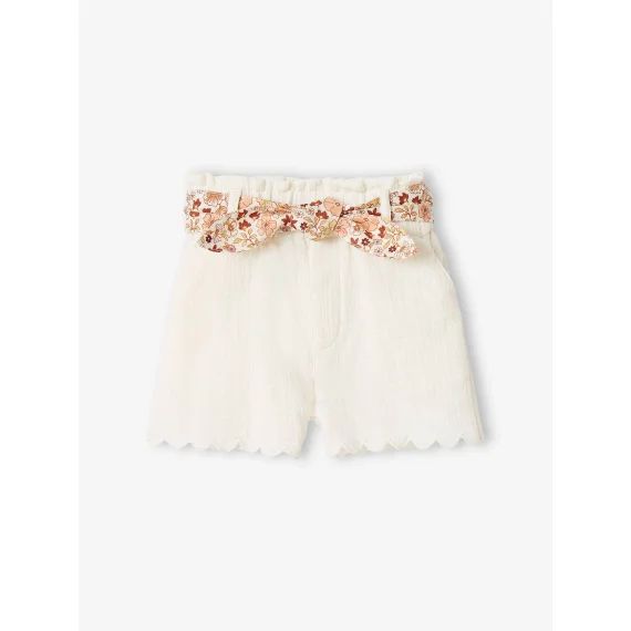 Short bébé en gaze de coton avec ceinture fleurie écru