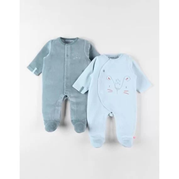 Ensemble De 2 Pyjamas 1 Pièce En Velours Ciel/sauge Bleu