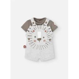 Ensemble T-shirt Et Salopette Courte Avec Lion Devant Marron