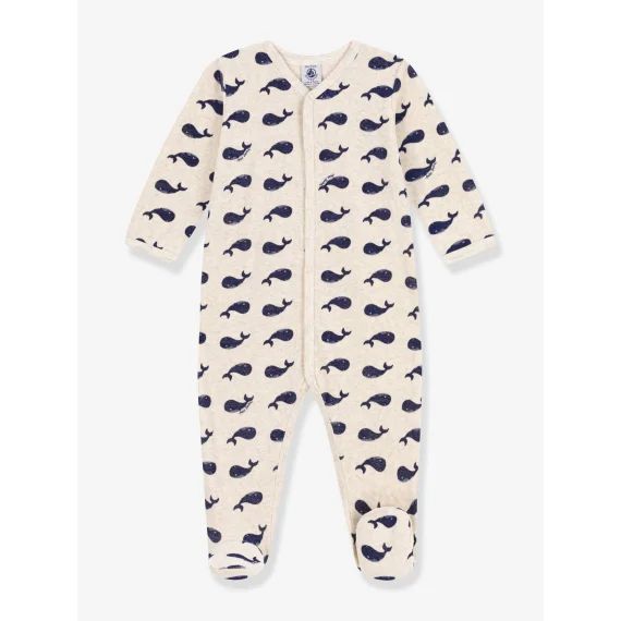 Pyjama bébé baleines marines en velours PETIT BATEAU beige chiné