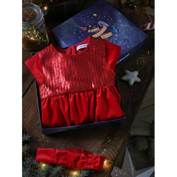 Coffret de noël bébé robe à sequins et bandeau assorti rouge