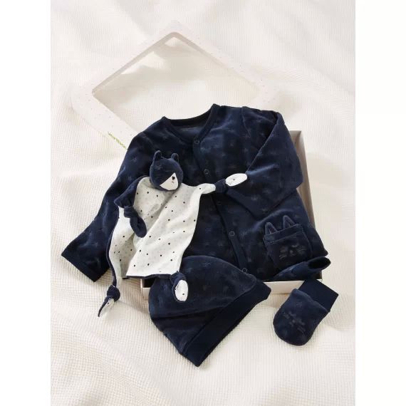 Coffret cadeau kit naissance 4 pièces bébé bleu foncé