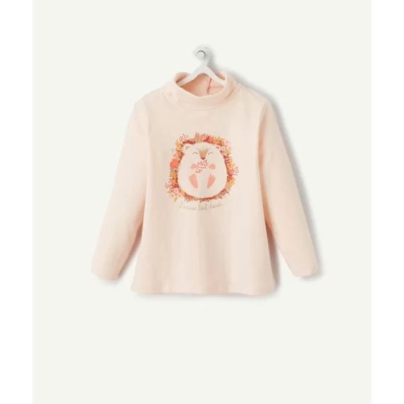 Le sous pull rose col roulé avec animation hérisson en coton