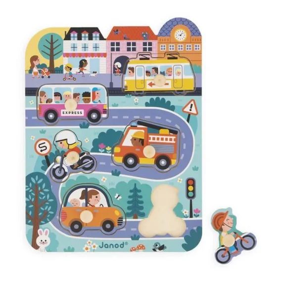 Puzzle En Bois À Tenons – Janod – Dans La Ville – Thème Véhicules – 6 Pièces Jaune