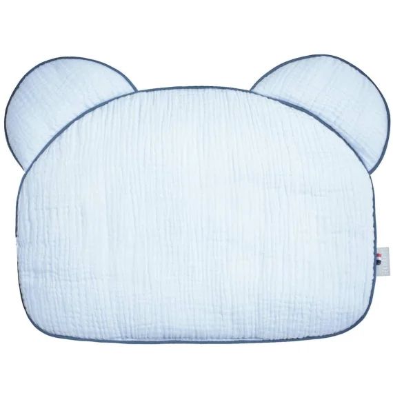 Oreiller Bébé Plat Ourson En Gaze De Coton Jeanne Bleu
