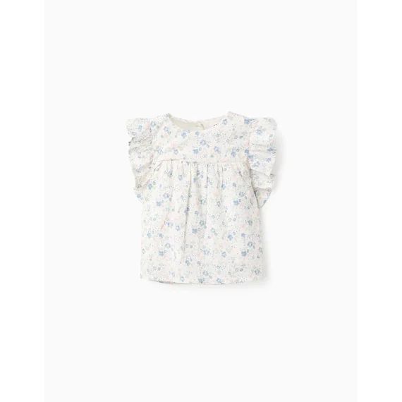 Chemisier En Coton Floral Avec Volants Beige Clair