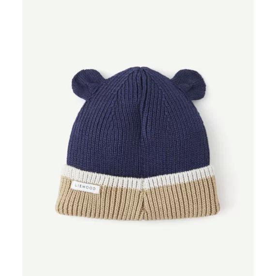 Bonnet gina en tricot côtelé et coton bio bleu marine et beige avec oreilles d’ours