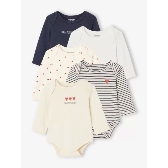 Lot de 5 bodies manches longues bébé emmanchure US en coton Bio bleu nuit