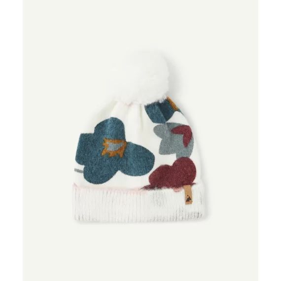 Bonnet tricot bébé fille écru imprimé floral avec pompon