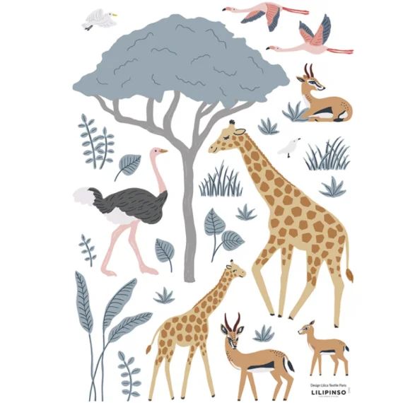 Planche de stickers A3 Girafe, gazelle et flamants