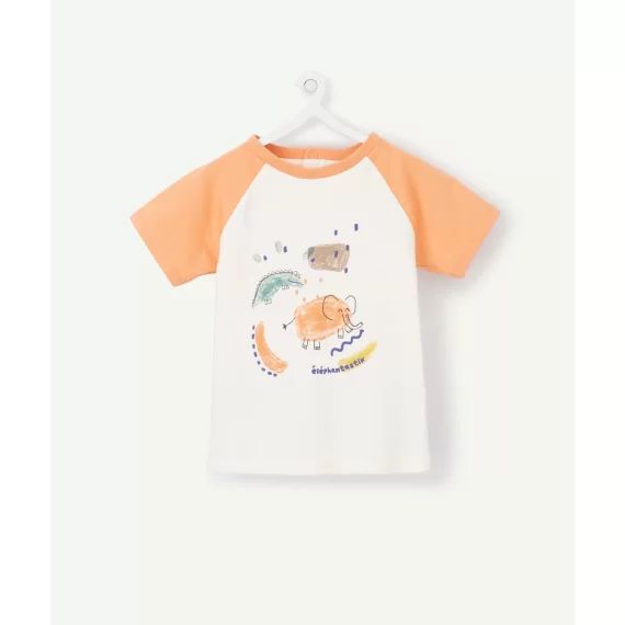 Le t-shirt orange et blanc en coton biologique avec animaux