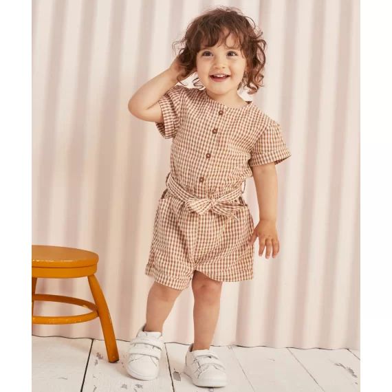 Combi-short bébé fille en coton à carreaux marrons –  – Soldes