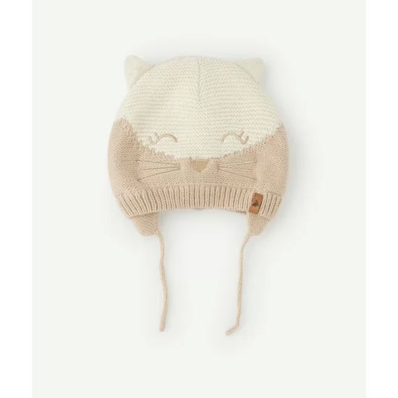 Bonnet chat bébé fille en fibres recyclées beige avec oreilles