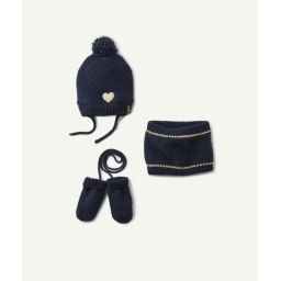 Set bonnet snood et moufles en tricot luxeré bleu marine