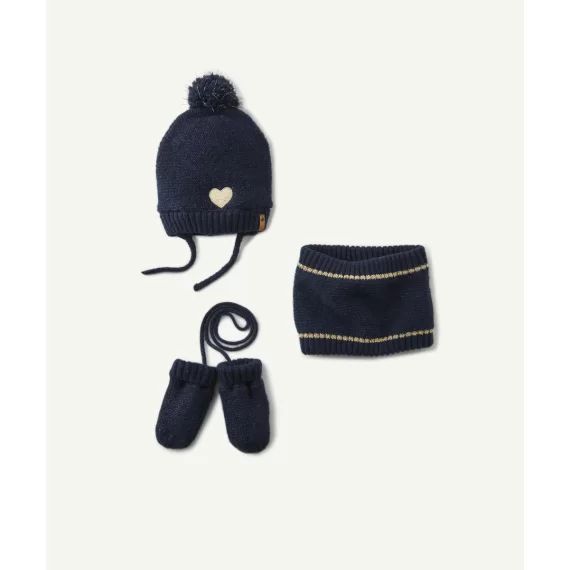 Set bonnet snood et moufles en tricot luxeré bleu marine