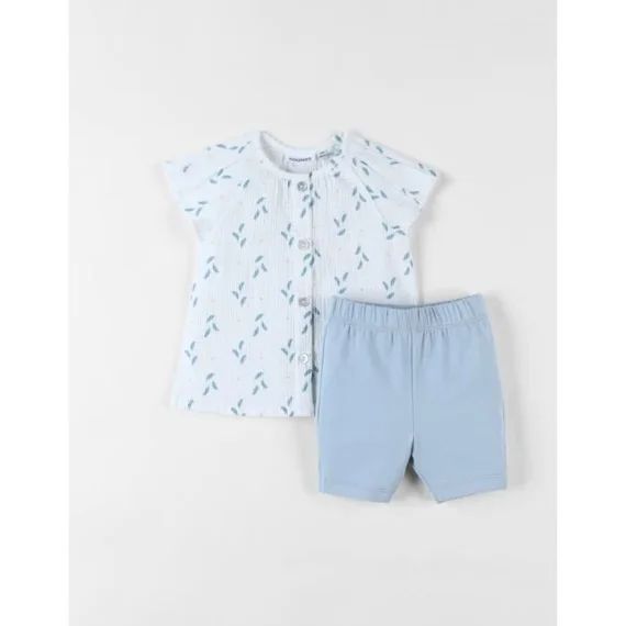 Ensemble Blouse Brodé Fleuri + Short Écru/bleu Ciel Blanc