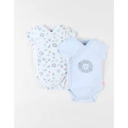 Ensemble De 2 Bodies Lion En Coton Écru/bleu Ciel Blanc