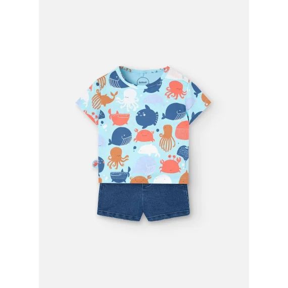 Ensemble T-shirt Imprimé Et Pantalon Court Bleu