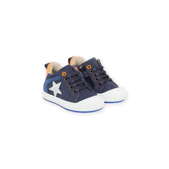 Baskets Montantes En Cuir Bleu Marine Avec Détails Fluos