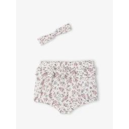 Ensemble naissance bloomer et bandeau fleuris écru