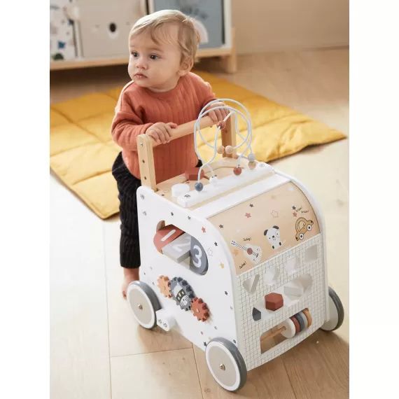 Chariot de marche cube d&rsquo;activités avec freins en bois FSC® multicolore