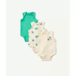 Lot de 3 bodys bébé en coton bio vert et écru thème poisson