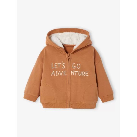 Gilet zippé bébé capuche doublée peluche cannelle