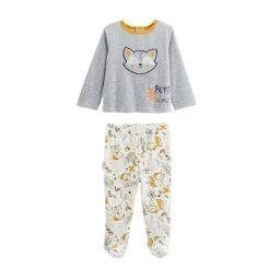Pyjama Bébé 2 Pièces En Velours Avec Pieds Petit Loup Gris