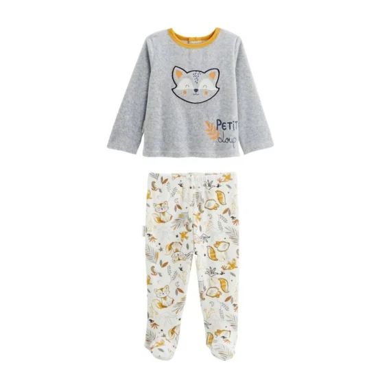 Pyjama Bébé 2 Pièces En Velours Avec Pieds Petit Loup Gris