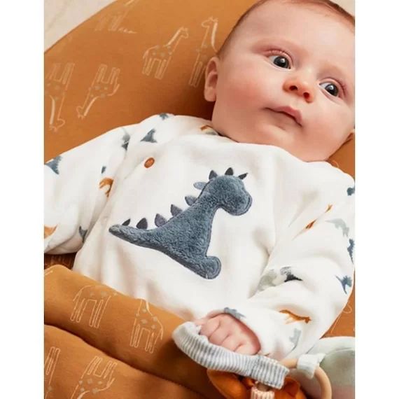 Pyjama Dors-bien En Velours Imprimé Dinosaure Blanc