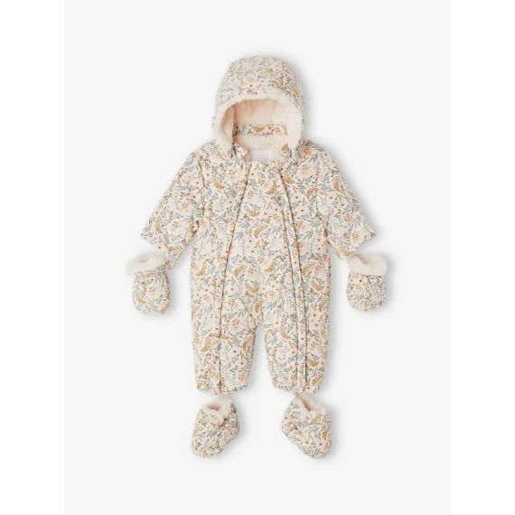 Combi-pilote imprimée doublée fausse fourrure bébé moufles et chaussons amovibles écru