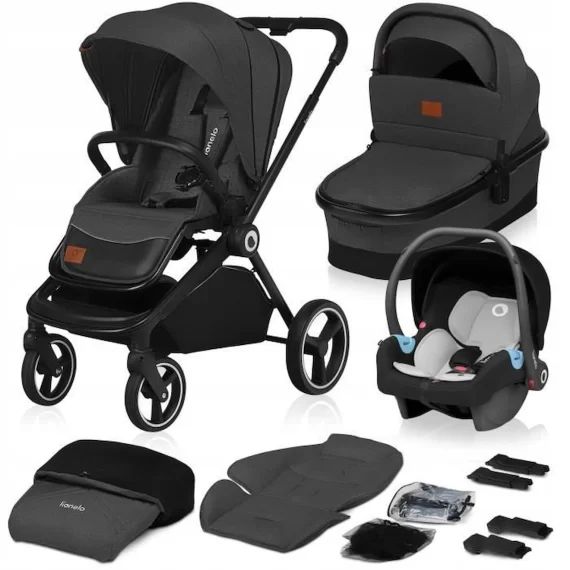 LIONELO Mika – Poussette bébé 3en1 compacte – De 0 à 48 mois – Pack poussette, nacelle, cosy, siège auto – Gris foncé gris