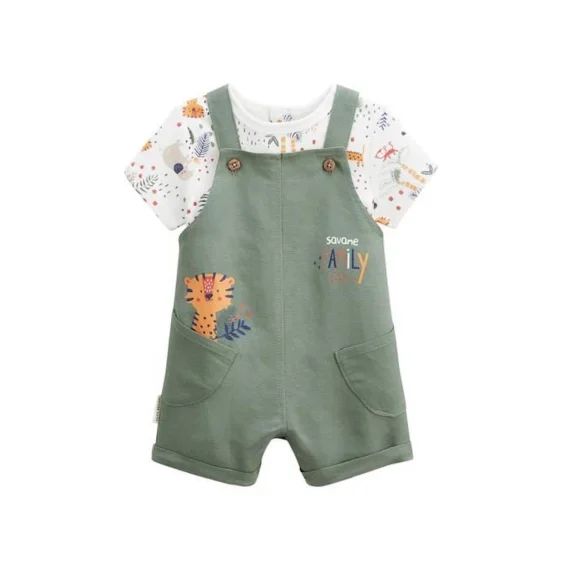 Ensemble Salopette Bébé En Lin Et T-shirt Savane Family Vert