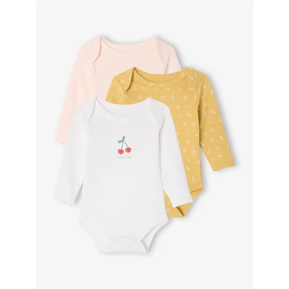 Lot de 3 bodies manches longues à cerises rose pâle