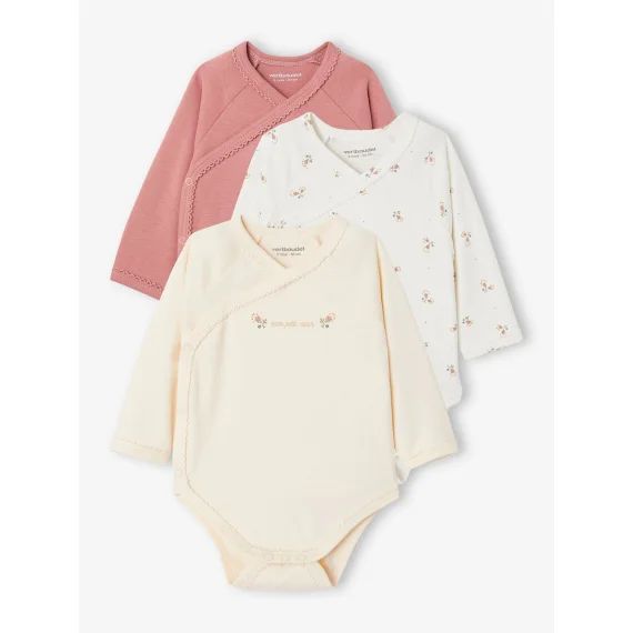 Lot de 3 bodies assortis joli coeur bébé naissance en coton biologique vieux rose