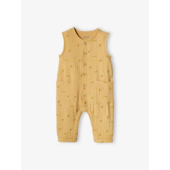 Combinaison bébé naissance garçon en gaze de coton brodée jaune pâle