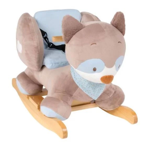 NATTOU Bascule Bob le raton laveur – Peluche 100% polyester, socle et poignées en bois – De 10 à 36 mois marron