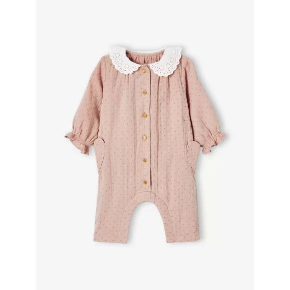 Combinaison bébé col en broderie anglaise rose imprimé
