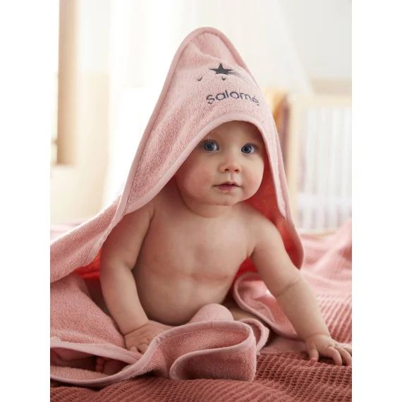 Cape de bain personnalisable + gant de toilette rose poudré