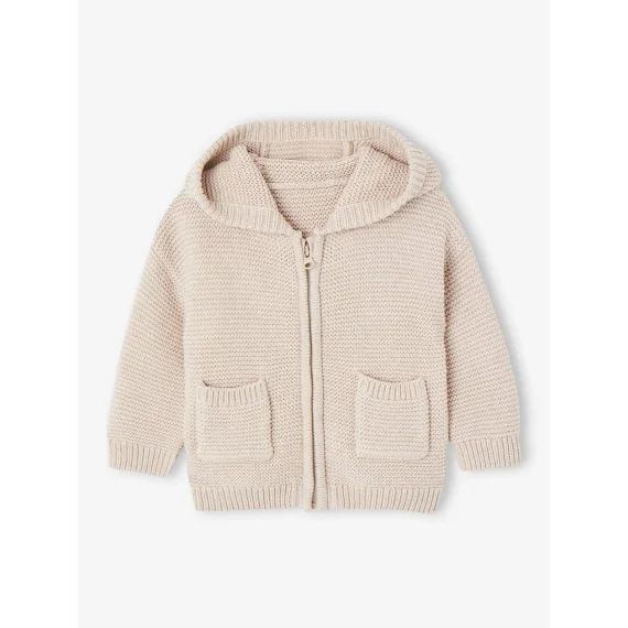Gilet à capuche zippé en tricot bébé beige chiné