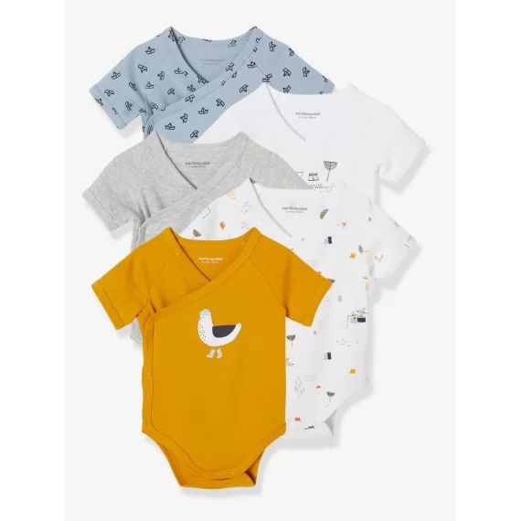 Lot de 5 bodies mouette manches courtes ouverture naissance lot jaune épicé