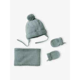 Ensemble bébé garçon bonnet + snood + moufles BASICS vert d&rsquo;eau