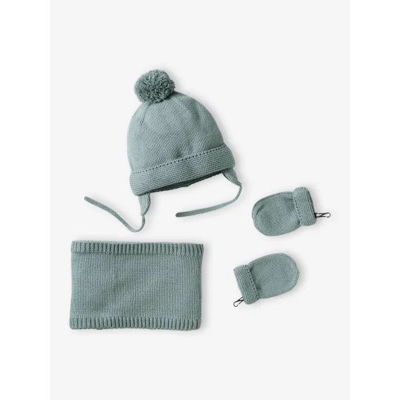 Ensemble bébé garçon bonnet + snood + moufles BASICS vert d&rsquo;eau