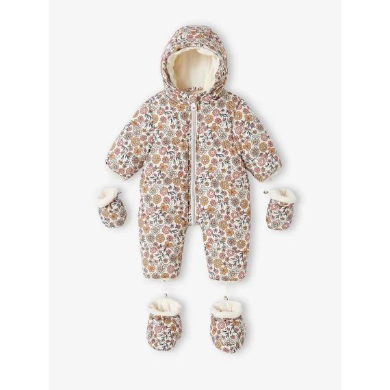 Combi-pilote fleurie bébé doublée polaire beige clair imprime