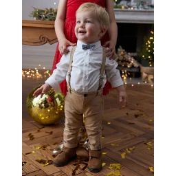 Ensemble 4 pièces bébé chemise + noeud papillon + pantalon + bretelles beige