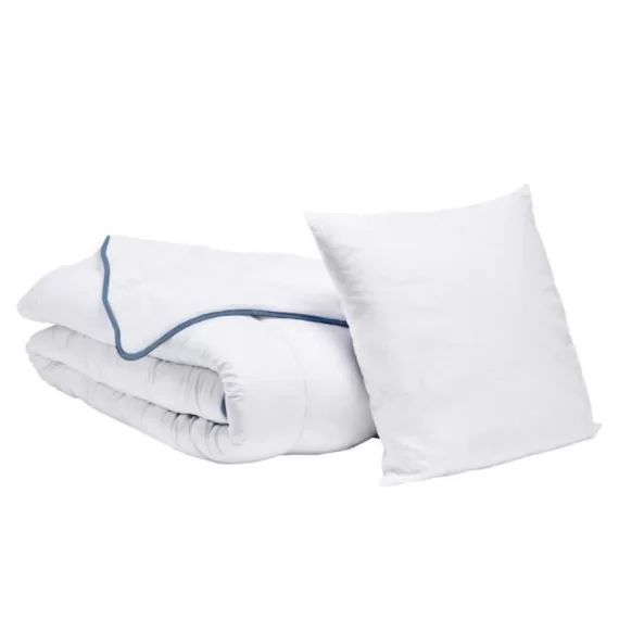 BLEU CALIN Pack 1 personne Toutes Saisons – Couette Tempérée 140x200cm + 1 Oreiller 60x60cm blanc