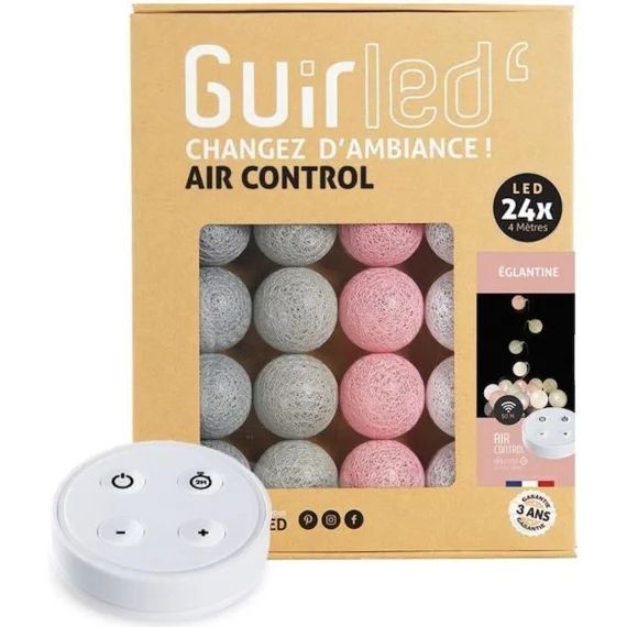 Guirlande lumineuse boules coton LED USB – Télécommandée -Veilleuse bébé 2h –  4 intensités – 24 boules 2,4m – Églantine gris