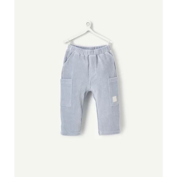 Pantalon droit bébé garçon en velours côtelé bleu avec poches et patch