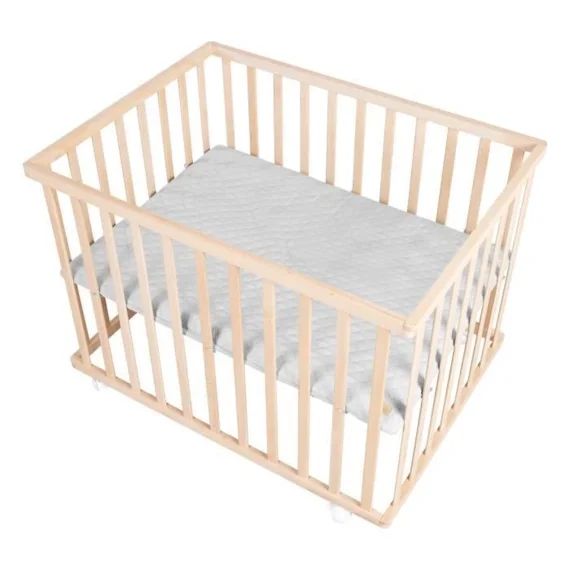 ROBA Parc Bébé 75 x 100 cm en Hêtre Massif Bio – avec Tapis Gris Hydrofuge + 4 Roulettes à Freins – Hauteur Réglable – Naturel marron