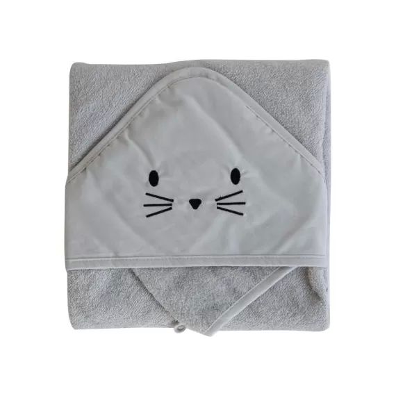 Cape de bain + gant chat gris perle (75 x 75 cm)